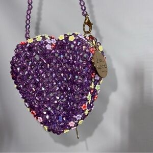 Susan Alexandra • Purple Floral Beaded Mini Heart Shaped Pouch Wristlet NWOT